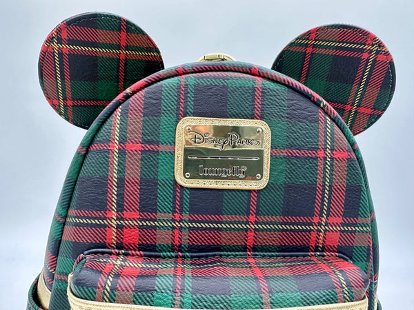 Disney Parks Christmas Holiday Plaid Loungefly Mini Backpack 2025 Gold Red Green1