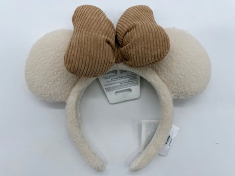Disney Parks Fall Sherpa Fuzzy Minnie Mouse Ears Headband 2026 White Corduroy0