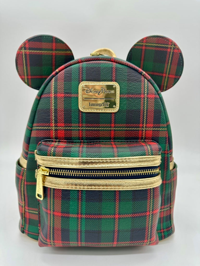 Disney Parks Christmas Holiday Plaid Loungefly Mini Backpack 2025 Gold Red Green0