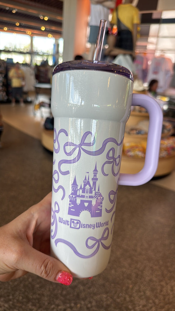 Disney Parks Starbucks WDW PURPLE Bow Ribbons Castle Hot & Cold Tumbler NWT