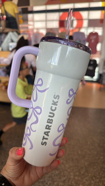 Disney Parks Starbucks WDW PURPLE Bow Ribbons Castle Hot & Cold Tumbler NWT