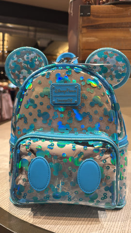 Disney Parks Loungefly Mini Backpack Clear Turquoise Blue Mickey Mouse Icon Sequin NWT 2025