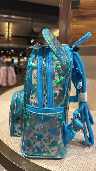 Disney Parks Loungefly Mini Backpack Clear Turquoise Blue Mickey Mouse Icon Sequin NWT 2025