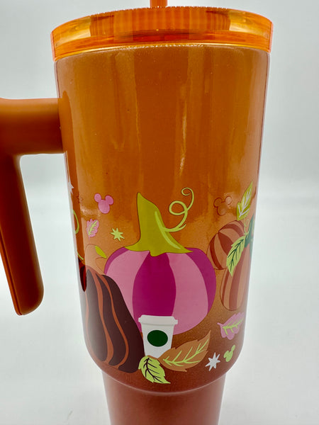 Disney Parks Starbucks Mickey Pumpkin PSL Handle Orange Tumbler Travel