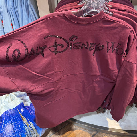 Maroon Spirit Jersey with WDW Disney logo on a hanger with a price tag.