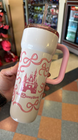 Disney Parks Starbucks WDW PINK Bow Ribbons Castle Hot & Cold Tumbler NWT