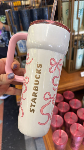 Disney Parks Starbucks WDW PINK Bow Ribbons Castle Hot & Cold Tumbler NWT