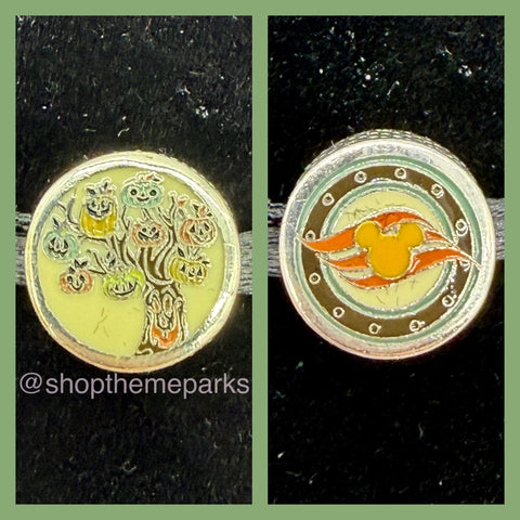 Disney Cruise Line Pandora Charm Halloween on the high Seas.  One side features a Hallowen Tree with many Pumpkins the other side is the Disney Cruise Line logo with Fall Halloween colors.