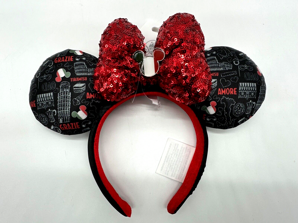 Disney Parks Epcot Italy Minnie Mouse Ears Headband Black Red Sequin NWT 2024