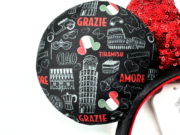 Disney Parks Epcot Italy Minnie Mouse Ears Headband Black Red Sequin NWT 2024