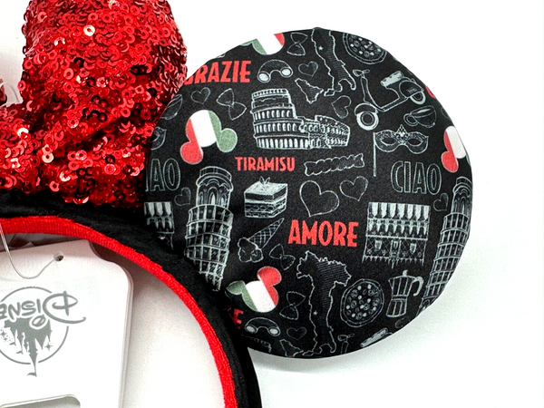 Disney Parks Epcot Italy Minnie Mouse Ears Headband Black Red Sequin NWT 2024