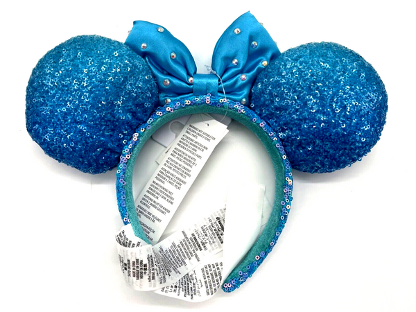 Disney Parks Blue Aqua Sequined Minnie Mouse Ear Headband Crystal Bow NWT 2022