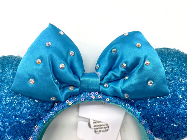 Disney Parks Blue Aqua Sequined Minnie Mouse Ear Headband Crystal Bow NWT 2022