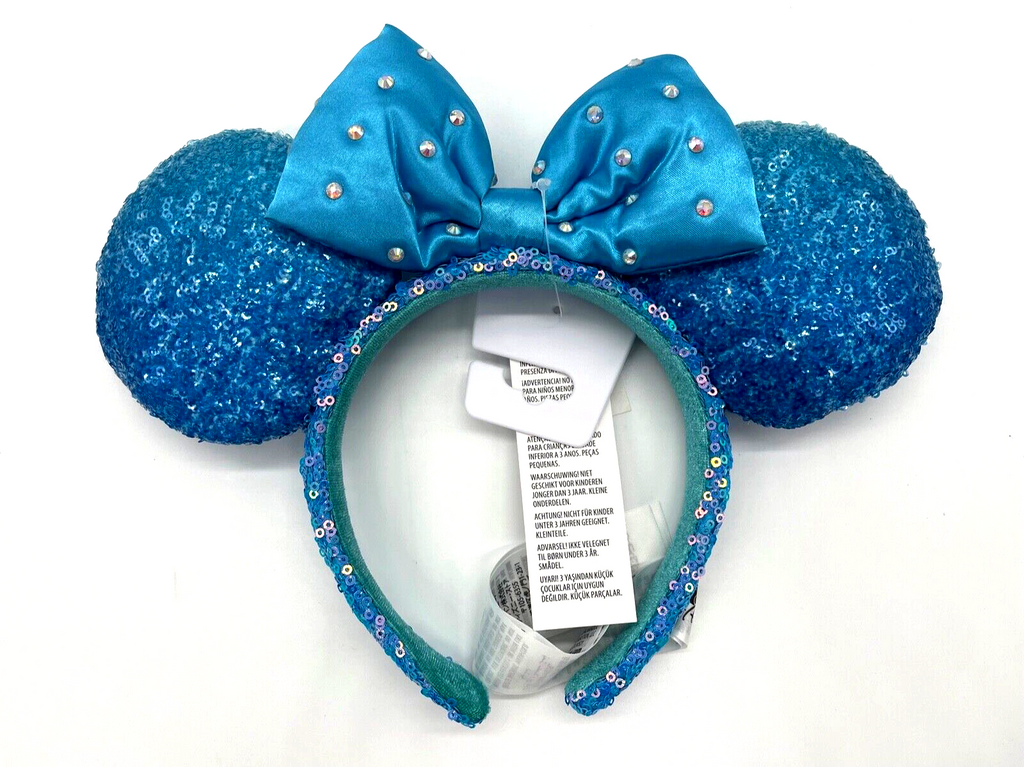 Disney Parks Blue Aqua Sequined Minnie Mouse Ear Headband Crystal Bow NWT 2022