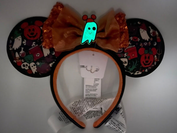 Disney Parks Halloween Minnie Mickey Mouse Ears Headband Ghost Glow in the Dark